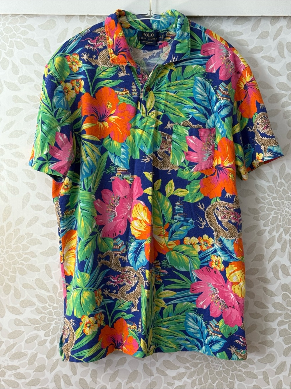 Vintage Polo Ralph Lauren Men’s XL Dragon Hibiscus Flower Short Sleeve Shirt